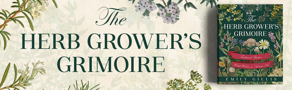A floral banner image displaying the front cover of The Herb Grower's Grimoire which is decorated with illustrations of various common herbs and a yellow button that reads coming soon
