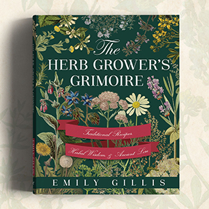 A floral square image displaying the front cover of The Herb Grower's Grimoire which is decorated with illustrations of various common herbs
