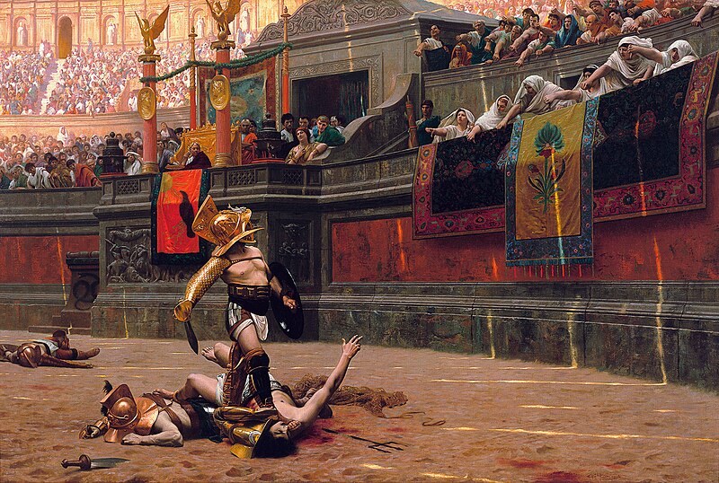 A painting of a Roman gladiator in armor stands over a fallen opponent in an ancient Rome arena. The crowd is visible in the background, some gesturing with thumbs down. Decorated banners hang on the stadium walls, and people watch intensely from above.